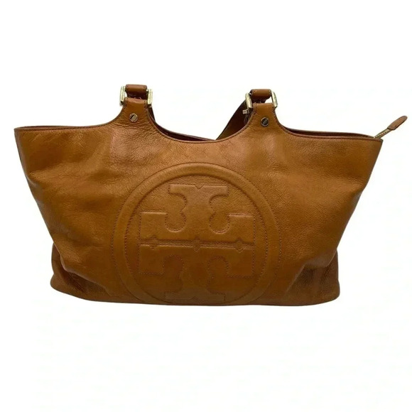 Vintage Tory Burch Bombe Glazed Leather Handbag Zip Top Tote in Luggage tan - Picture 2 of 12